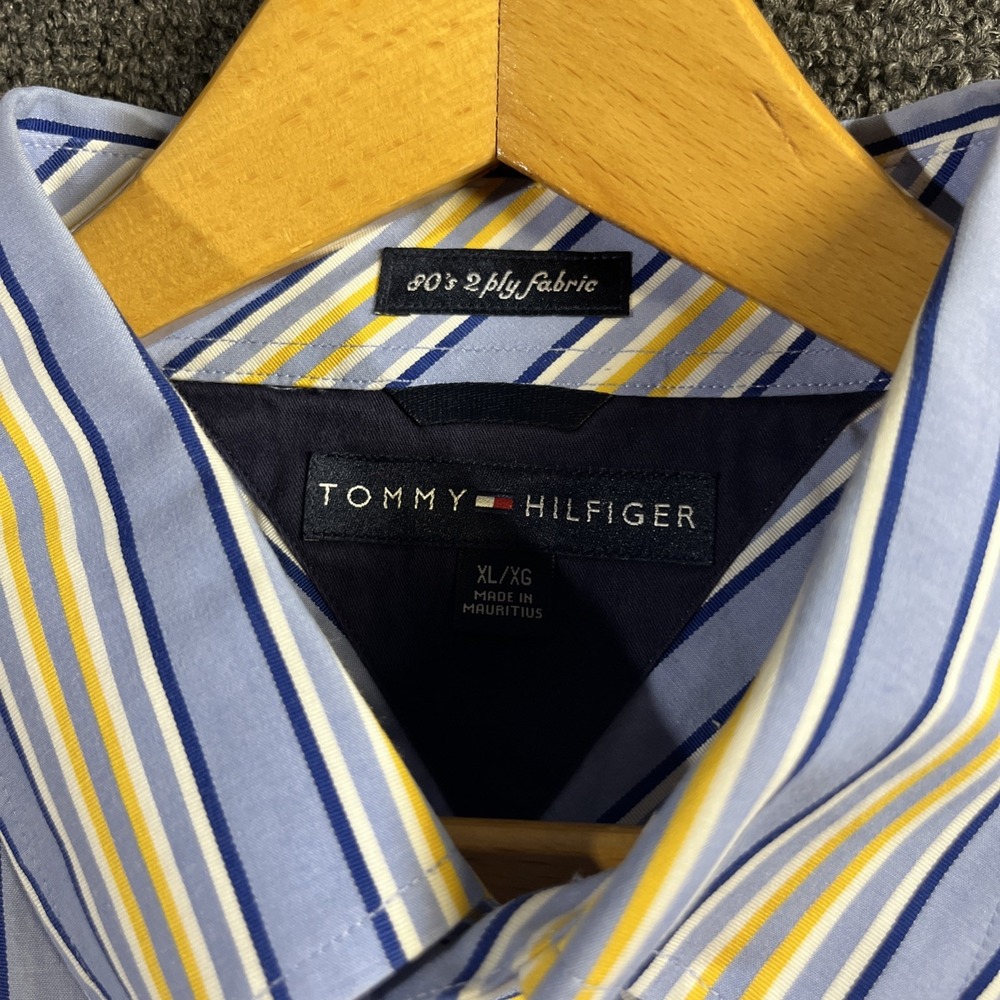 Tommy Hilfiger Mens XL Striped Button Down Shirt Blue Yellow 80s 2-Ply Fabric - Picture 3 of 8